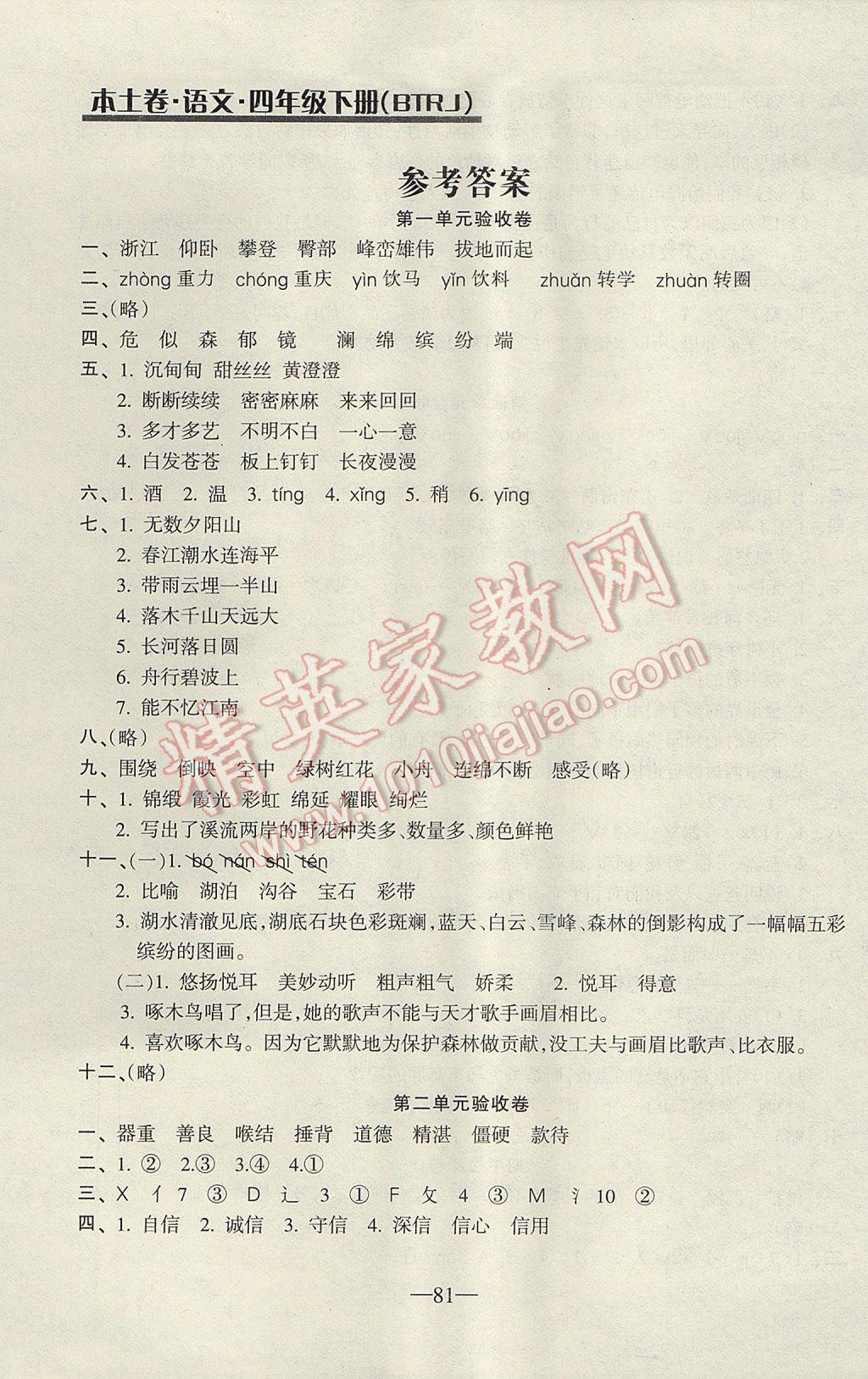 2017年云南名校高校訓(xùn)練方法本土卷四年級(jí)語(yǔ)文下冊(cè)人教版 參考答案第1頁(yè)