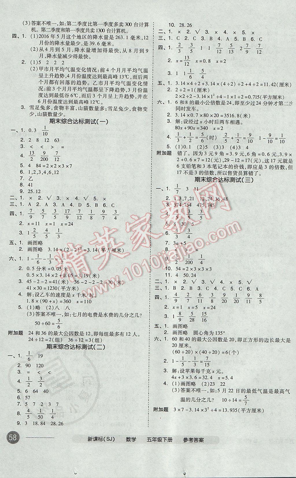 2017年全品小复习五年级数学下册苏教版 参考答案第7页