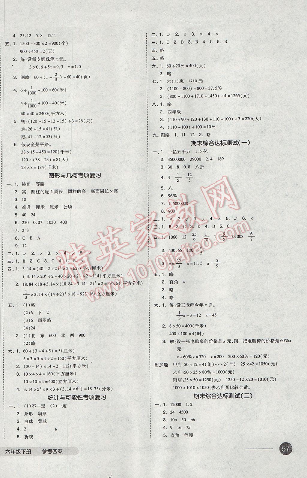 2017年全品小复习六年级数学下册苏教版 参考答案第6页