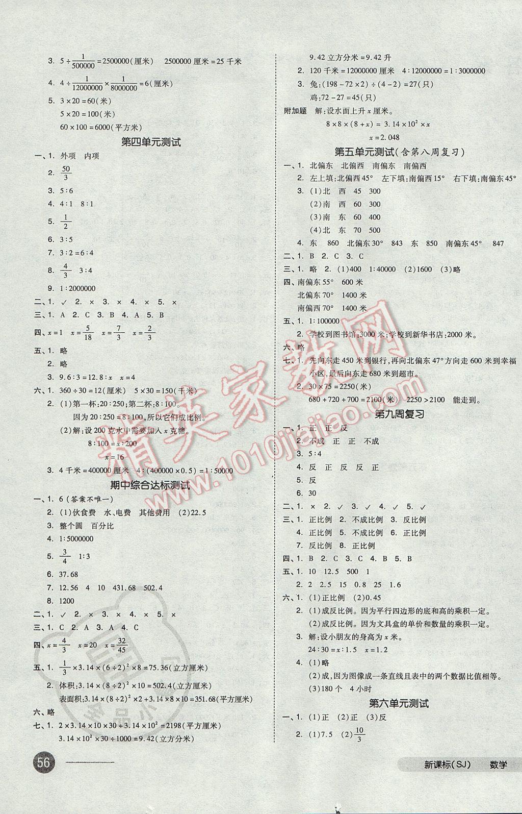 2017年全品小复习六年级数学下册苏教版 参考答案第3页