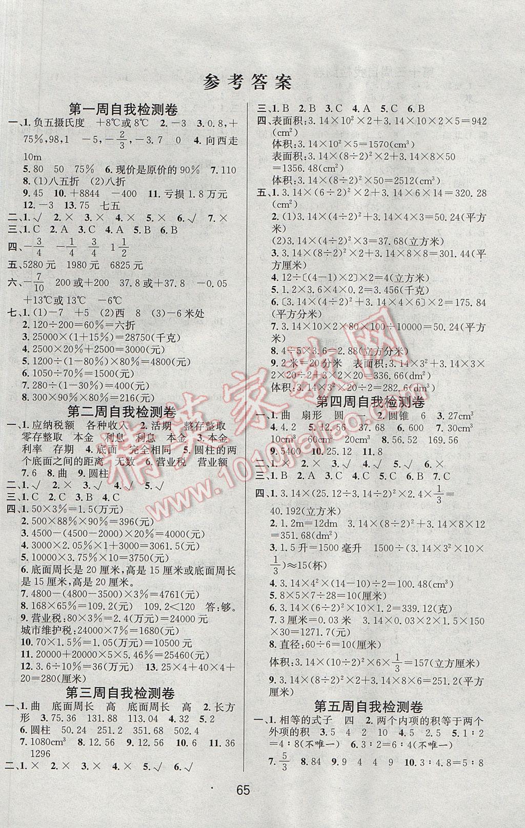 2017年名师名校全能金卷六年级数学下册人教版 自我检测卷答案第5页