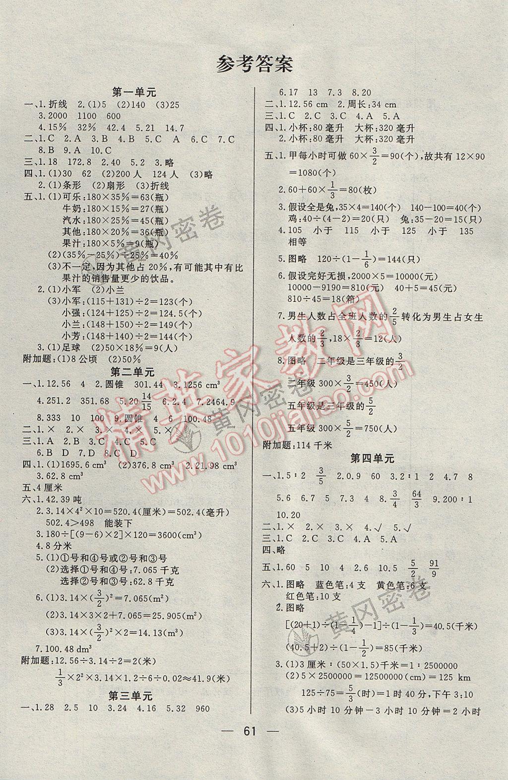 2017年王后雄黄冈密卷六年级数学下册江苏版 参考答案第1页