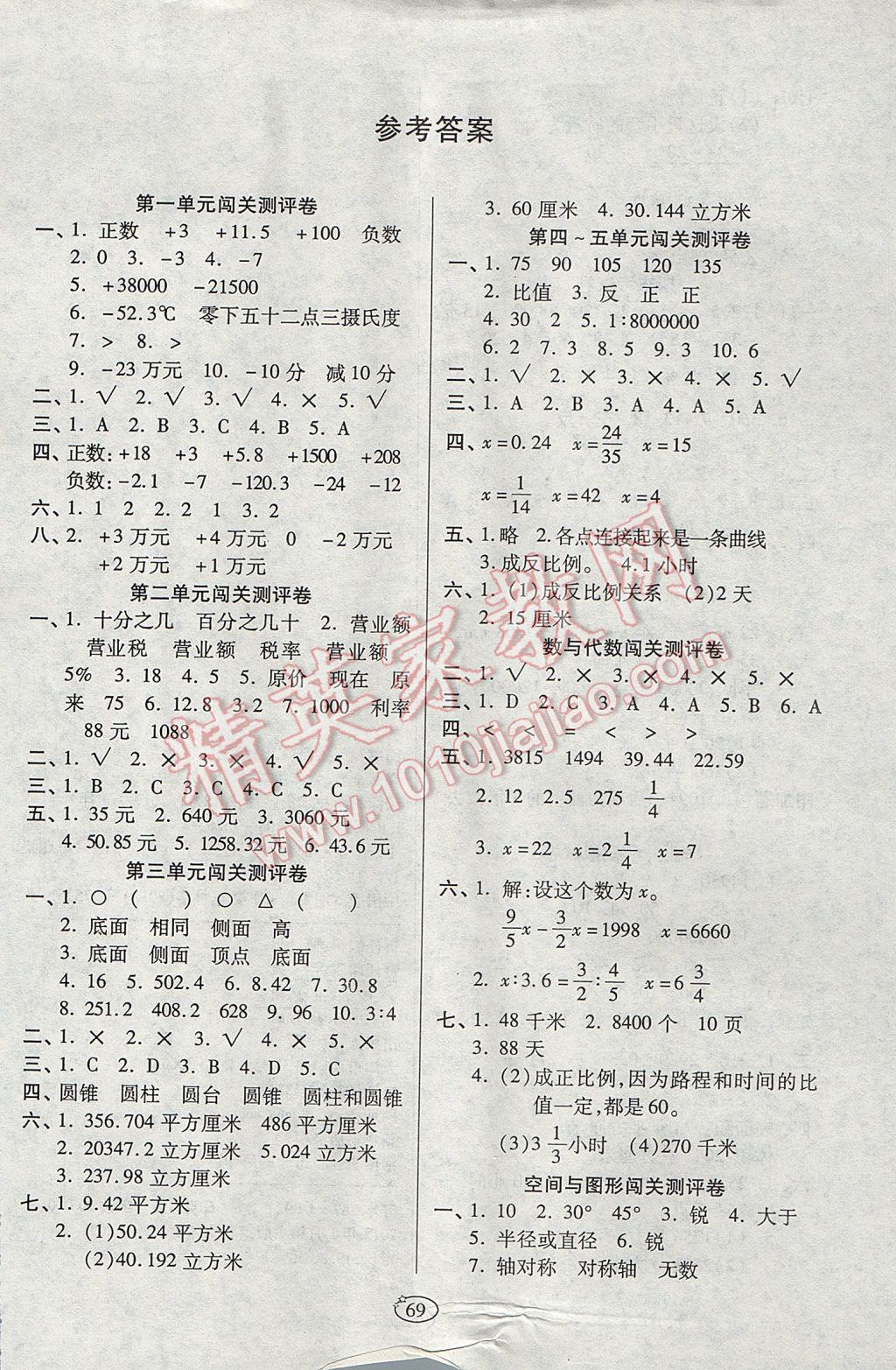 2017年培優(yōu)奪冠金卷六年級(jí)數(shù)學(xué)下冊(cè)人教版 參考答案第1頁(yè)