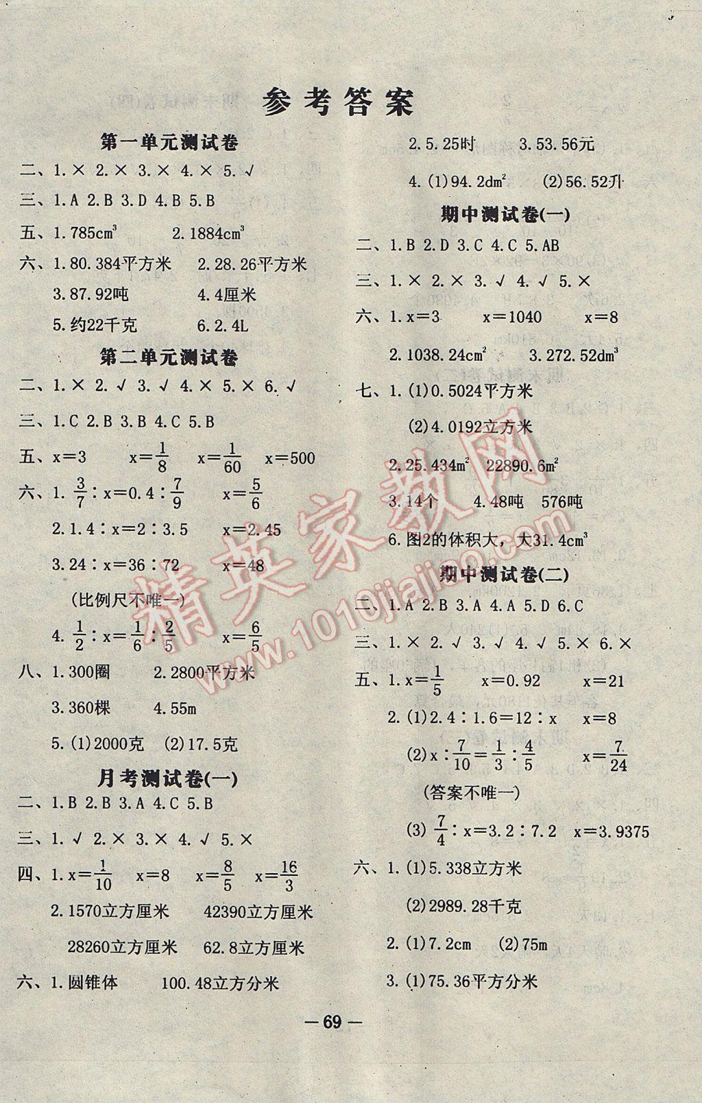 2017年名题金卷六年级数学下册北师大版 参考答案第1页