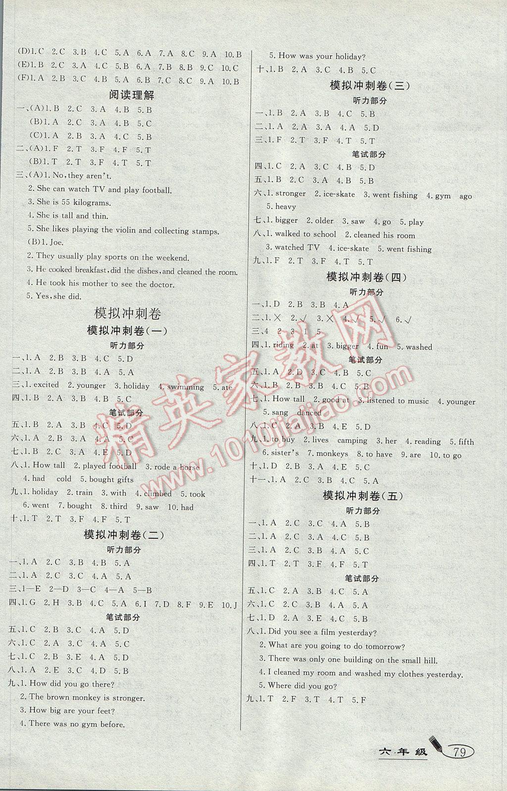 2017年亮点激活精编提优100分大试卷六年级英语下册人教版 参考答案第7页