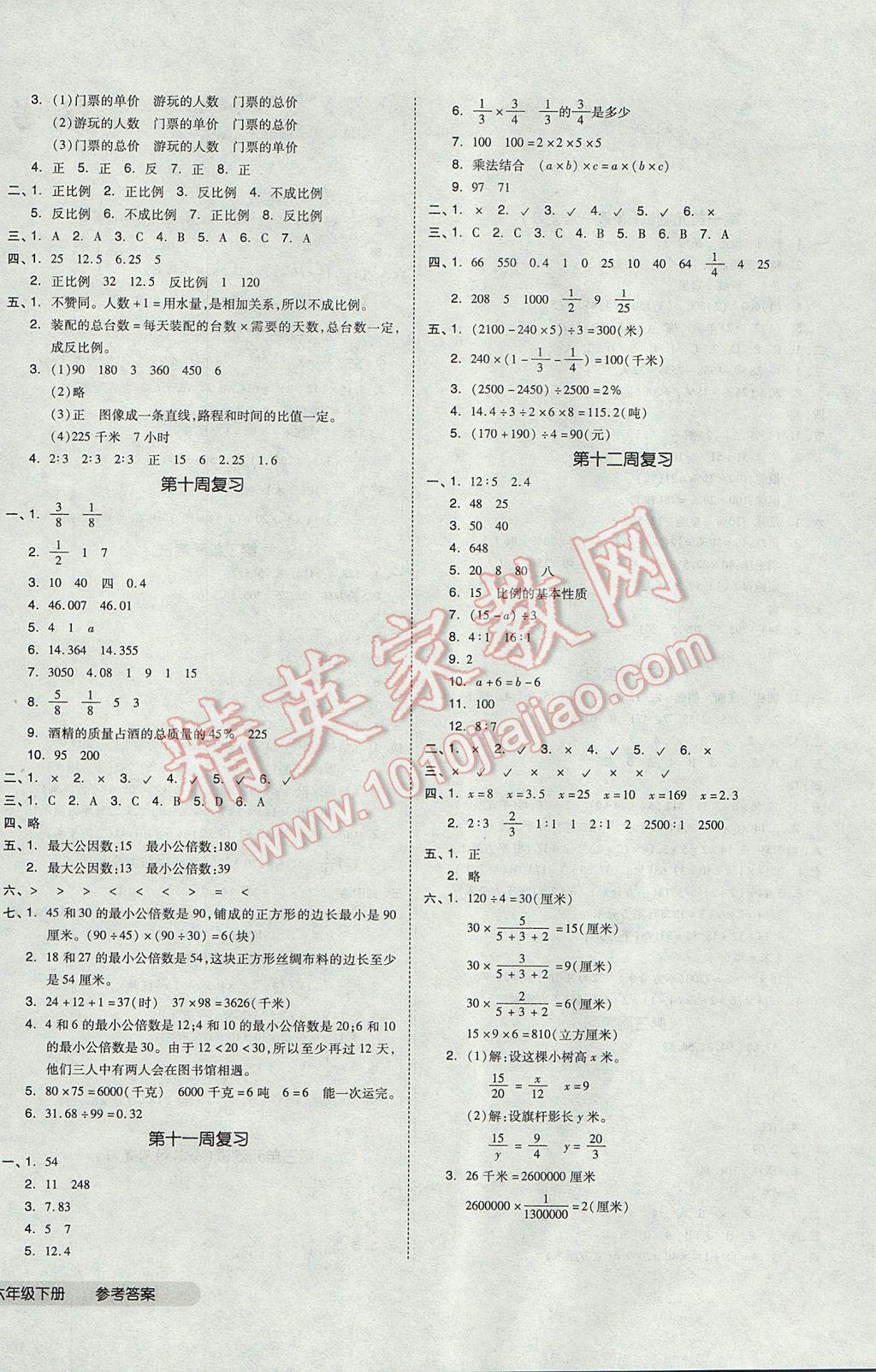 2017年全品小复习六年级数学下册苏教版 参考答案第4页