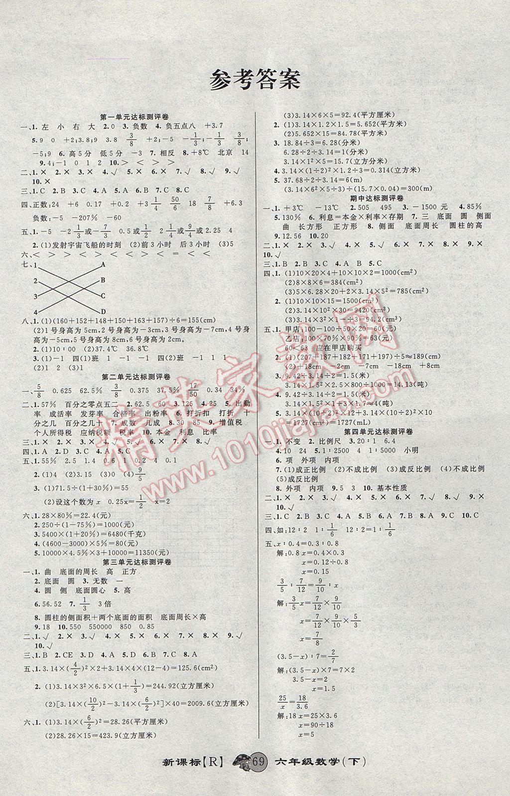 2017年第一好卷沖刺100分六年級數(shù)學(xué)下冊人教版 參考答案第1頁