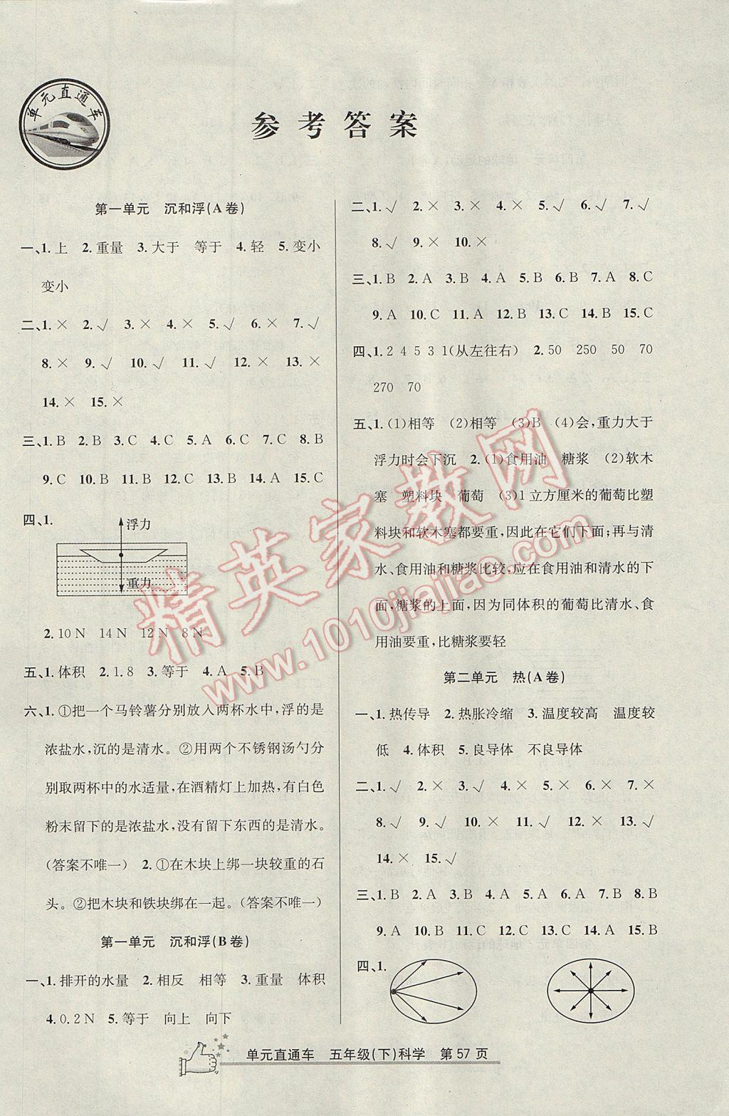 2017年開源圖書單元直通車五年級科學下冊教科版 參考答案第1頁