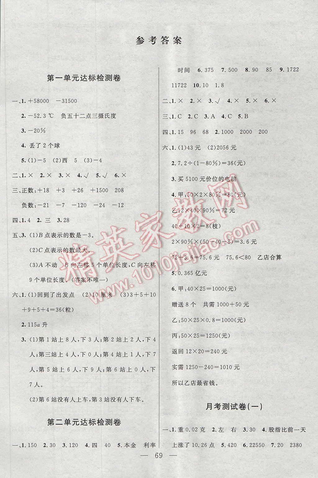 2017年金版卷王名師面對面大考卷六年級數(shù)學下冊人教版 參考答案第1頁