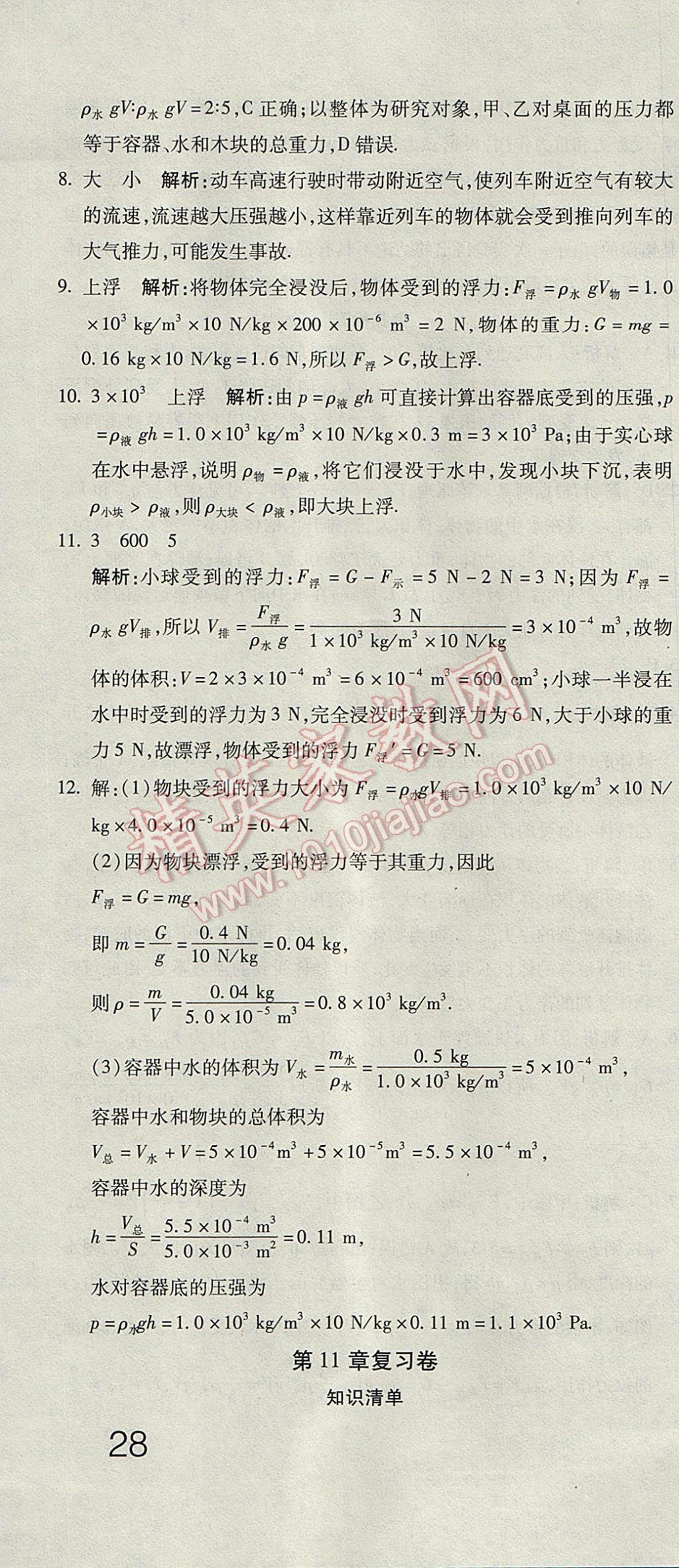 2017年奪冠沖刺卷八年級(jí)物理下冊(cè)教科版 參考答案第10頁