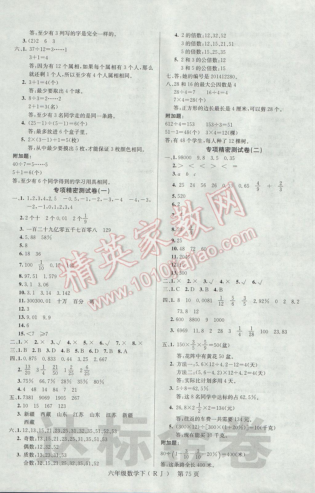 2017年達(dá)標(biāo)金卷百分百六年級數(shù)學(xué)下冊人教版 參考答案第3頁