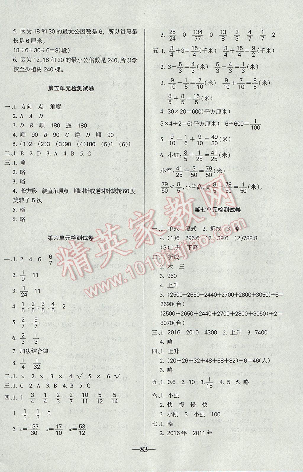 2017年啟智文化滿分試卷五年級數(shù)學下冊人教版 參考答案第3頁