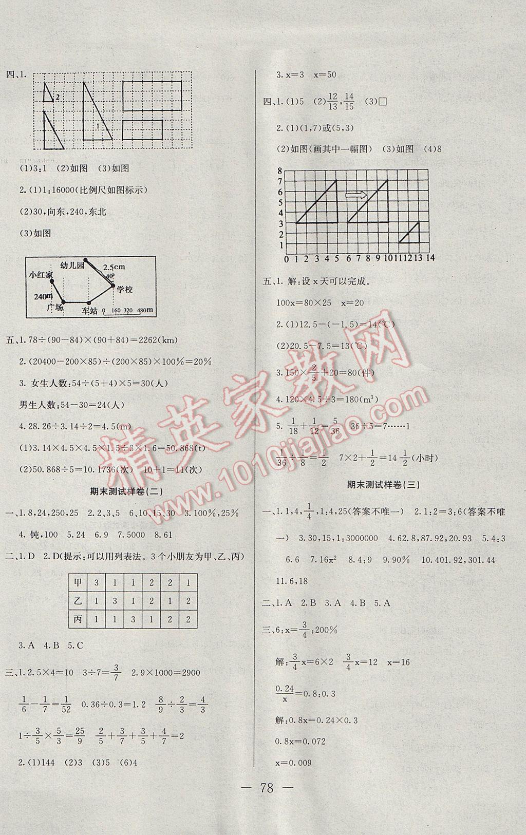 2017年期末冲刺100分全程密卷六年级数学下册人教版 参考答案第6页