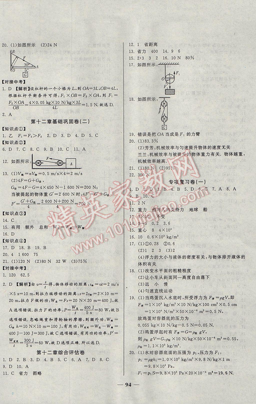 2017年单元优化全能练考卷八年级物理下册人教版 参考答案第6页