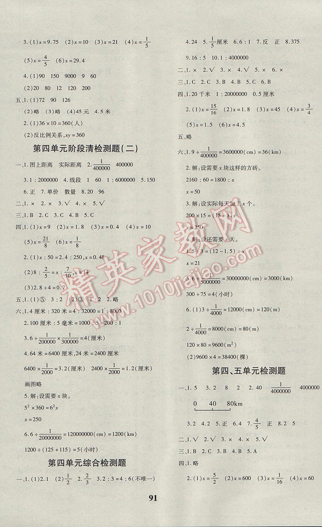 2017年教育世家状元卷六年级数学下册人教版 参考答案第3页