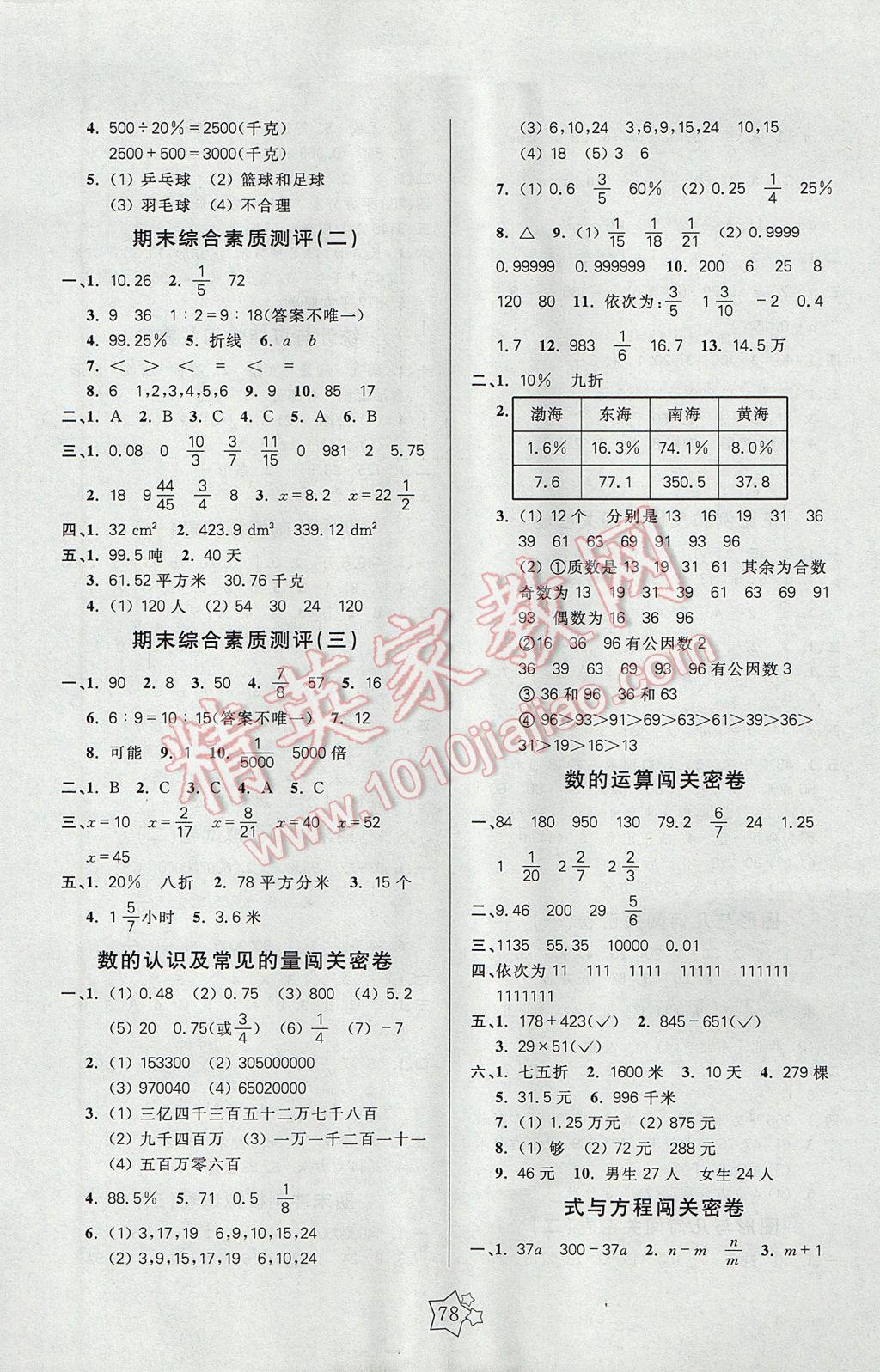 2017年100分闯关期末冲刺六年级数学下册苏教版 参考答案第2页