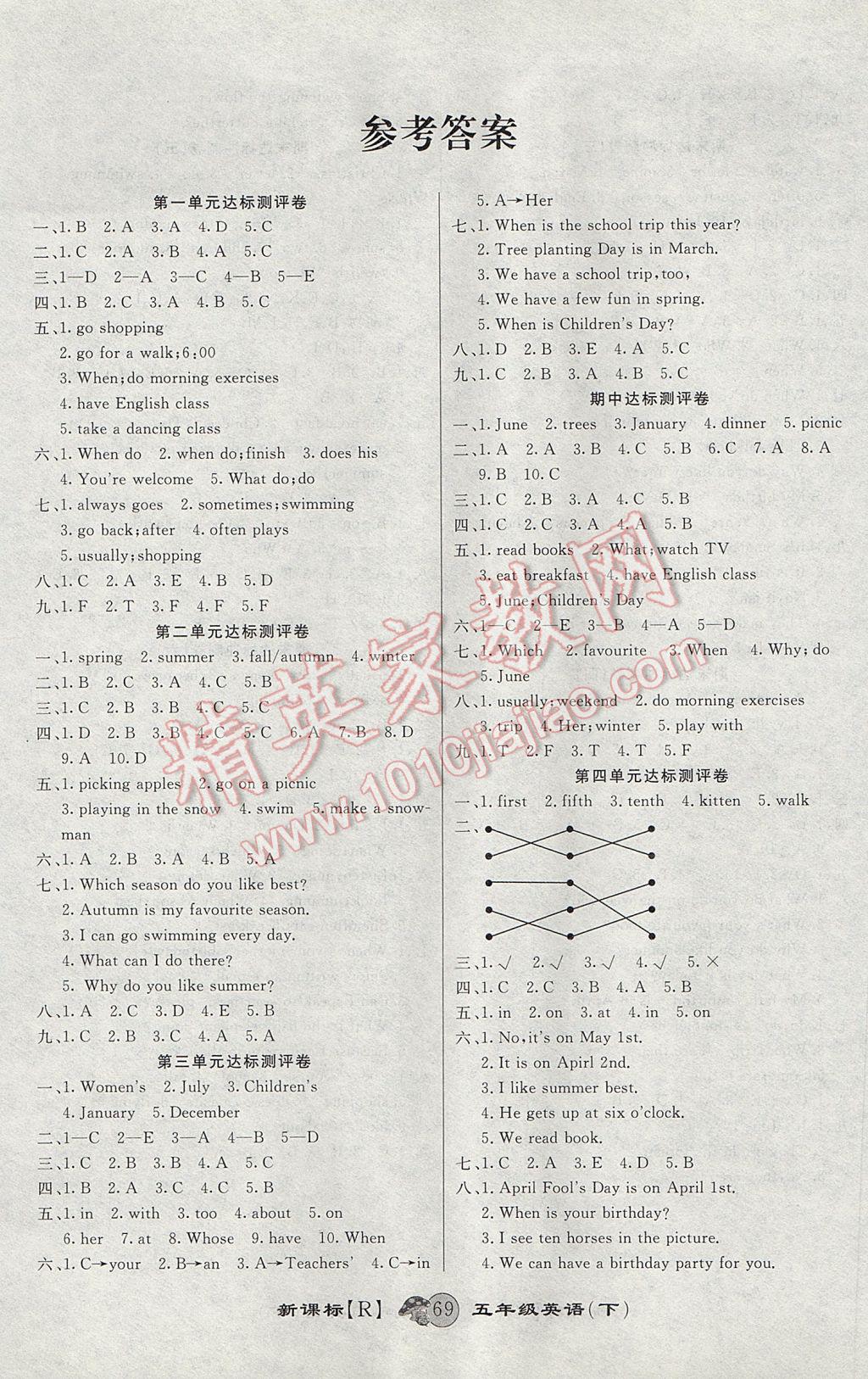 2017年第一好卷沖刺100分五年級英語下冊人教版 參考答案第1頁