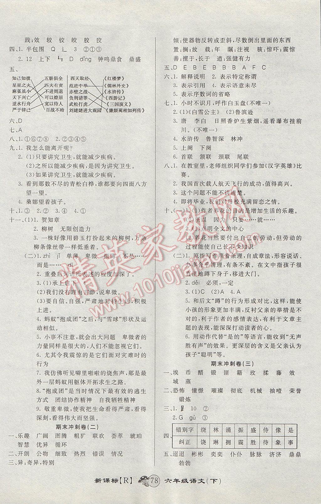 2017年第一好卷沖刺100分六年級語文下冊人教版 參考答案第6頁