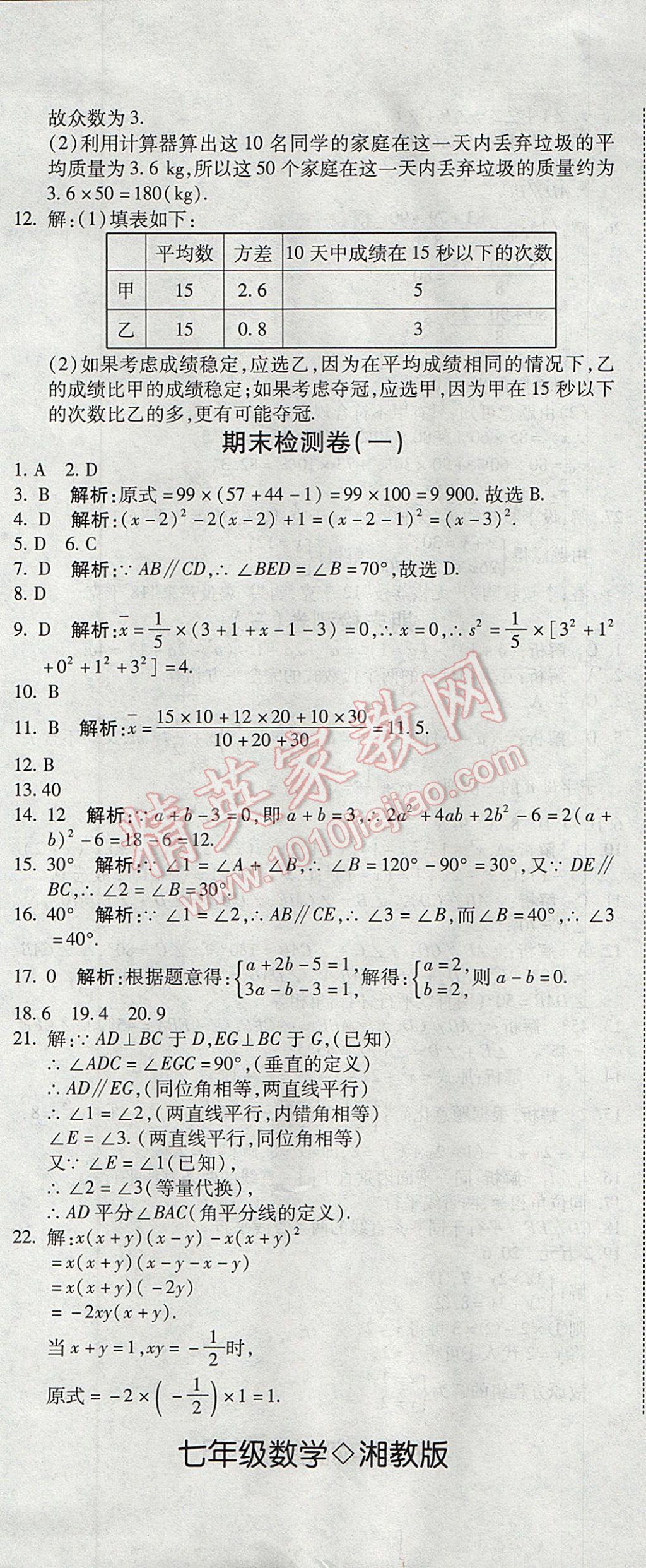 2017年奪冠沖刺卷七年級(jí)數(shù)學(xué)下冊(cè)湘教版 參考答案第8頁(yè)