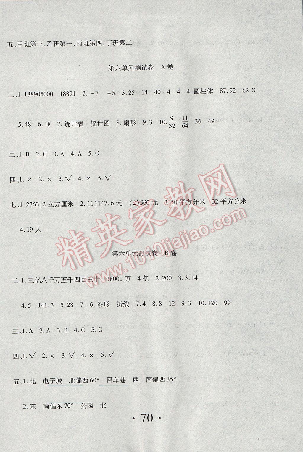 2017年新起點(diǎn)百分百單元測(cè)試卷六年級(jí)數(shù)學(xué)下冊(cè)人教版 參考答案第6頁(yè)