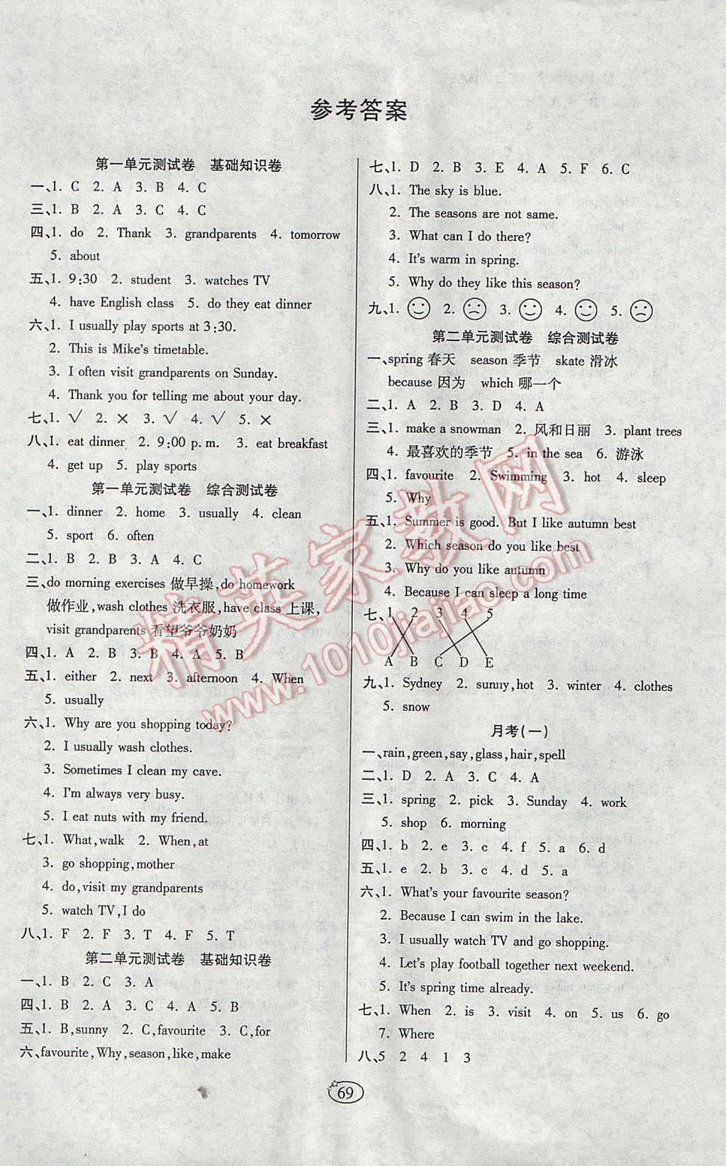 2017年培优夺冠金卷五年级英语下册人教PEP版 参考答案第1页