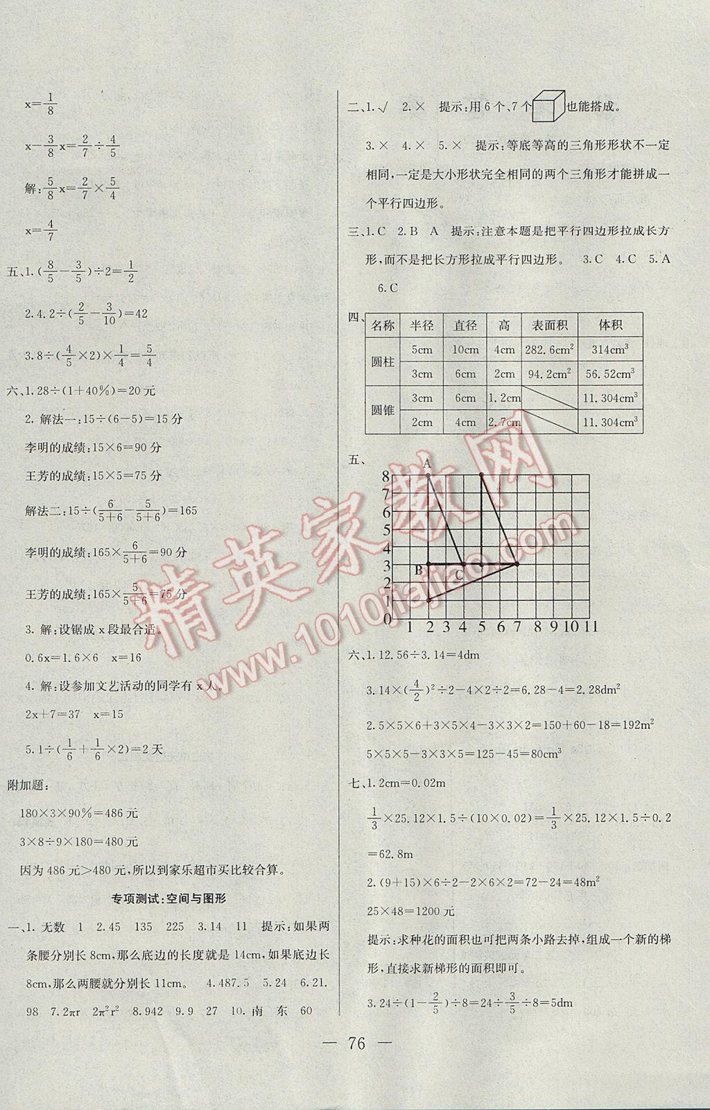 2017年期末冲刺100分全程密卷六年级数学下册人教版 参考答案第4页