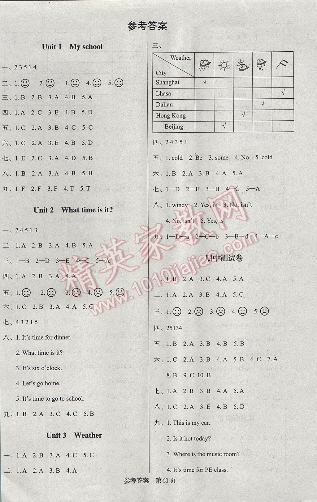 2017年黃岡名卷四年級英語下冊人教PEP版三起 參考答案第1頁