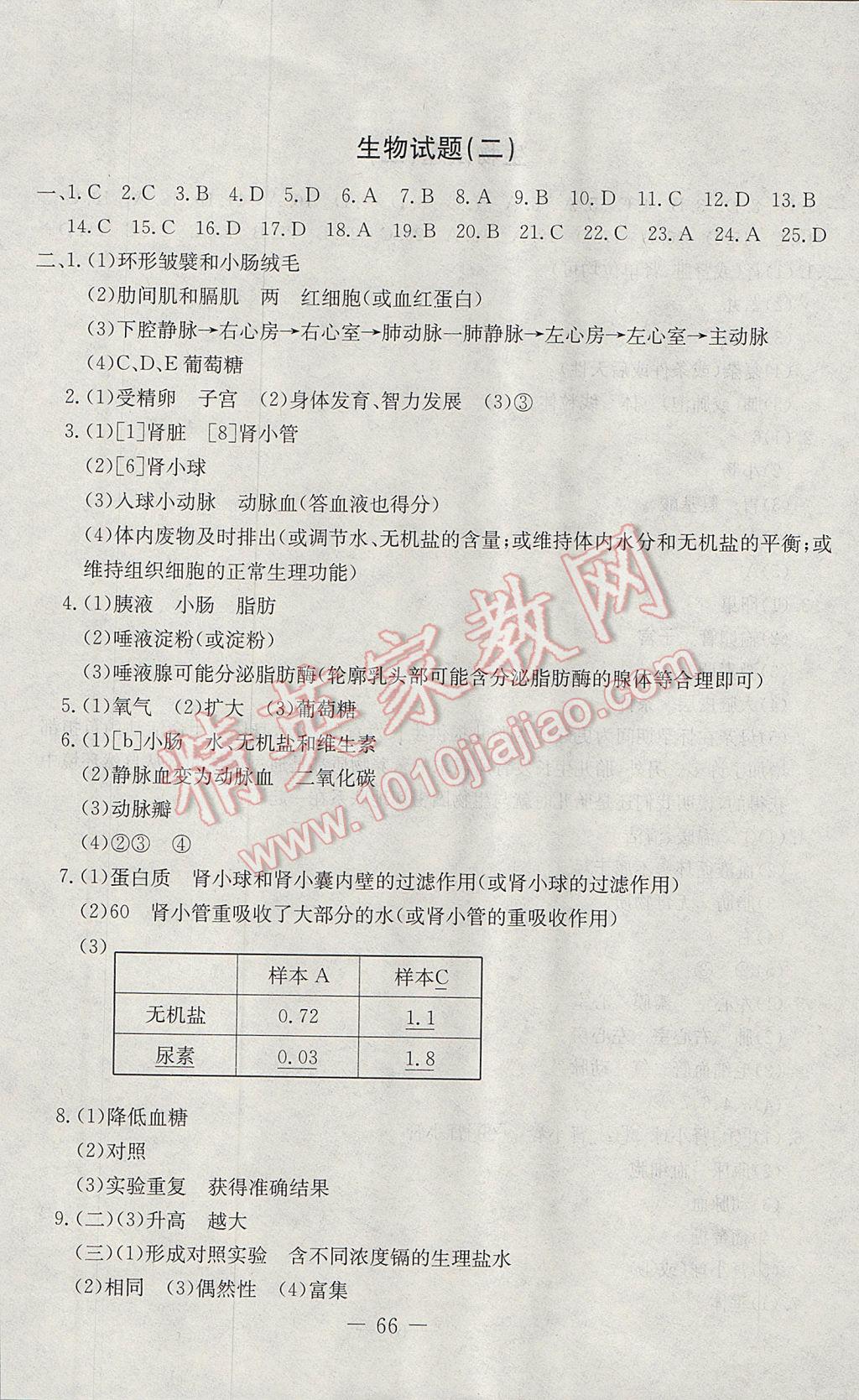 2017年期末快遞黃金8套七年級生物下冊人教版 參考答案第2頁