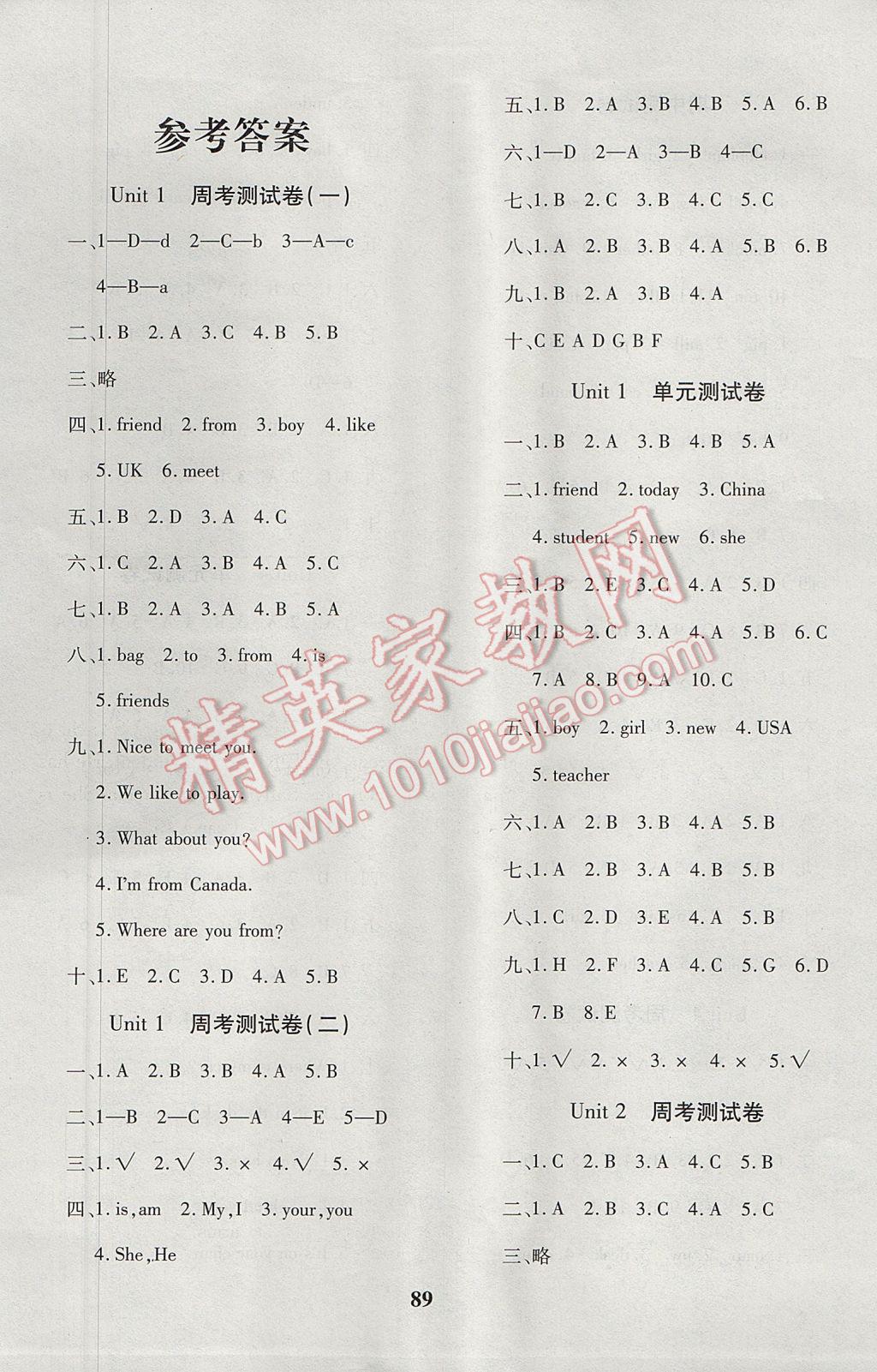 2017年教育世家状元卷三年级英语下册人教版 参考答案第1页