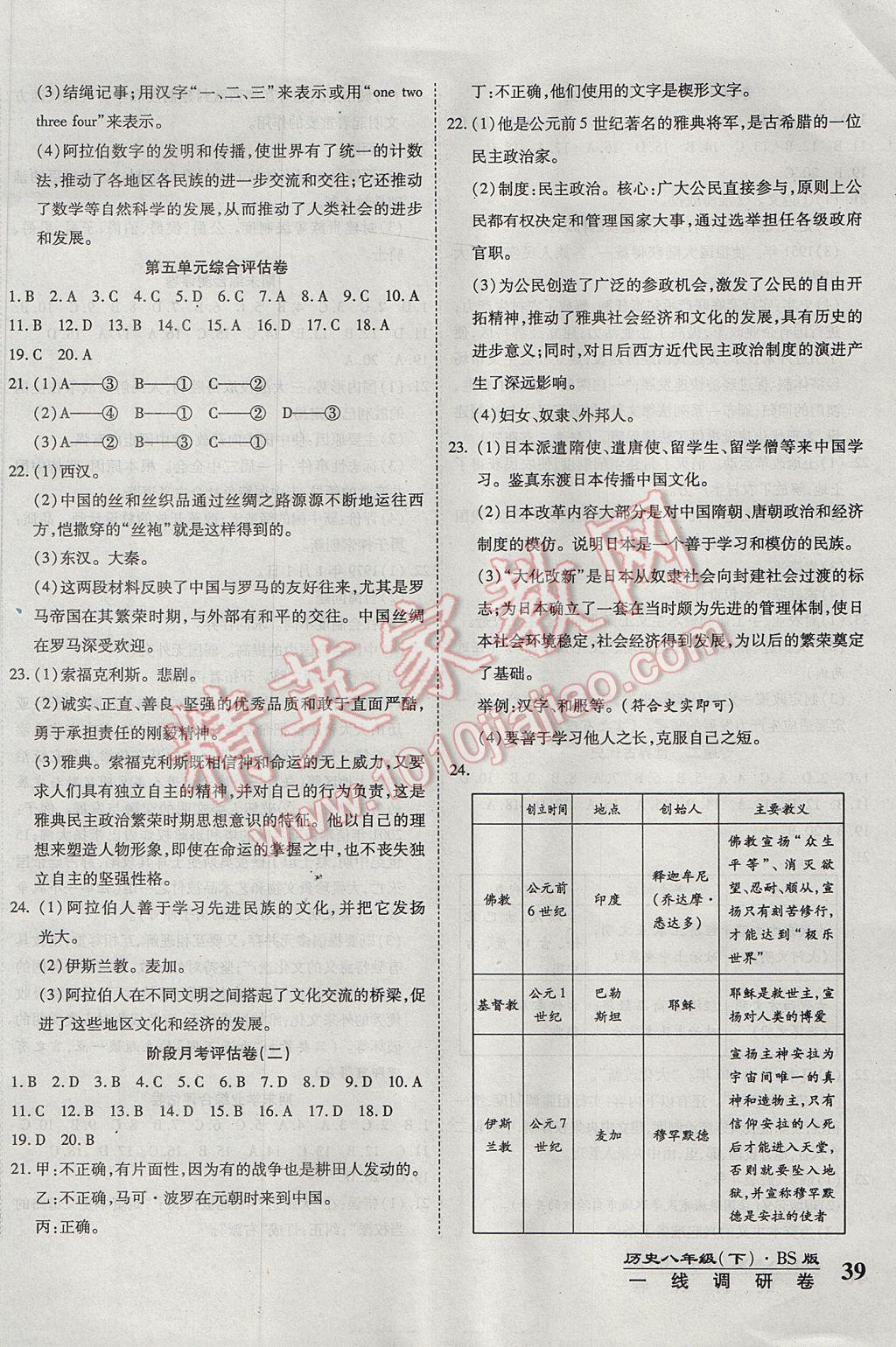 2017年一線調(diào)研卷八年級歷史下冊北師大版 參考答案第7頁