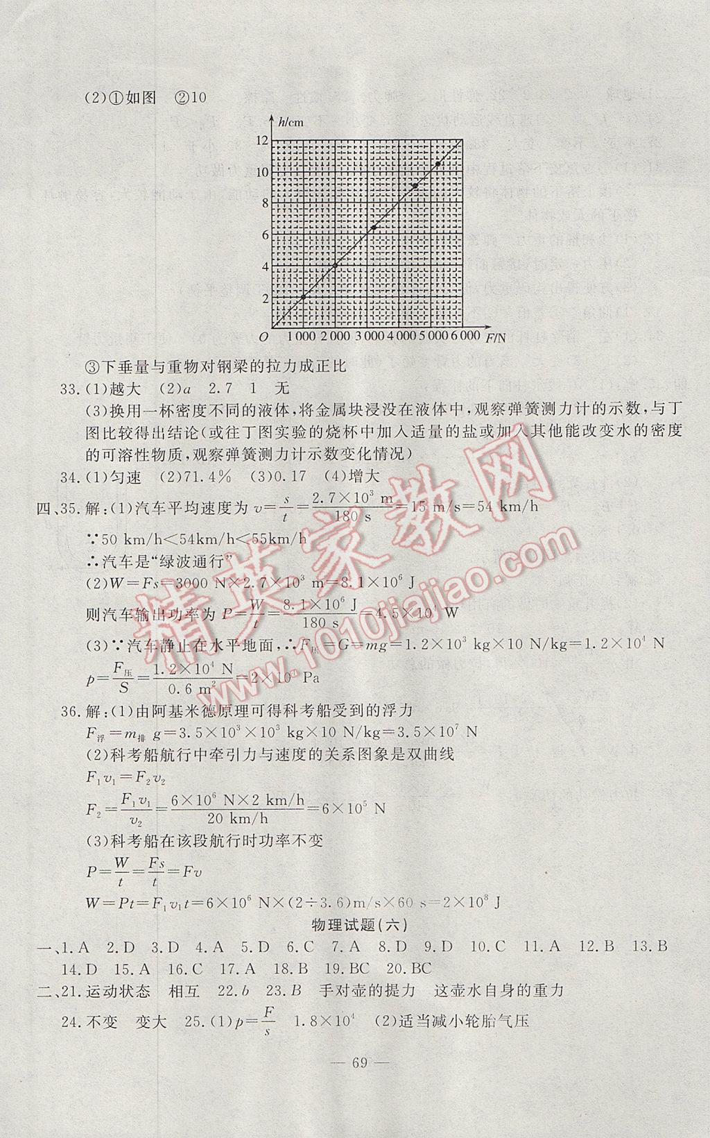 2017年期末快遞黃金8套八年級物理下冊教科版 參考答案第5頁