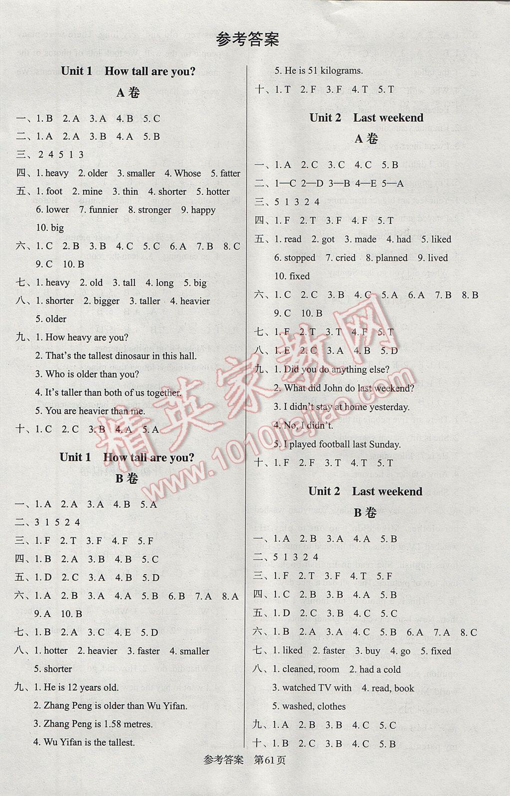 2017年黃岡名卷六年級英語下冊人教PEP版三起 參考答案第1頁