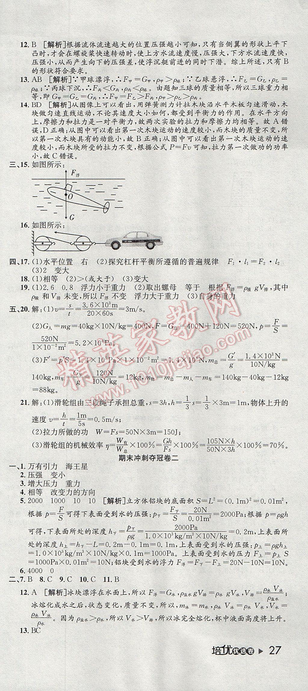 2017年培優(yōu)優(yōu)選卷期末復(fù)習(xí)沖刺卷八年級物理下冊滬科版 參考答案第9頁