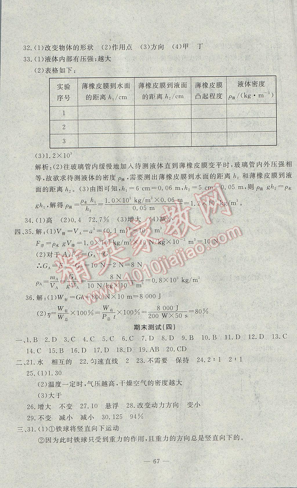 2017年期末快遞黃金8套八年級物理下冊人教版 參考答案第3頁