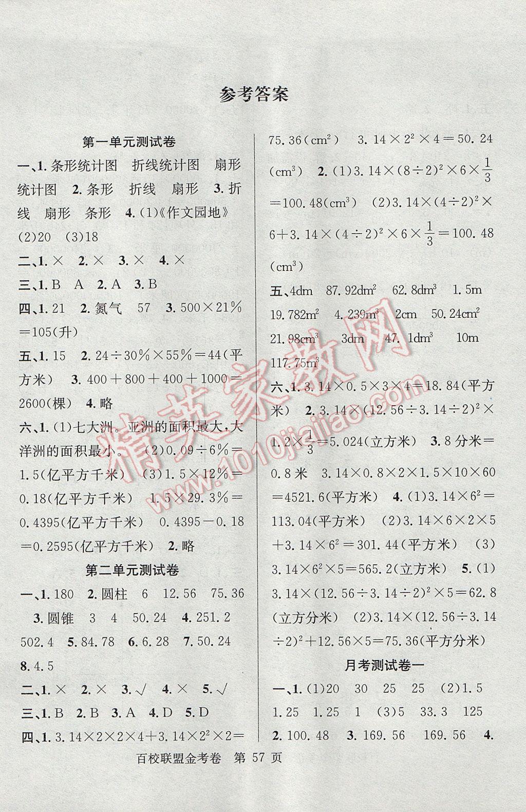 2017年百校聯(lián)盟金考卷六年級數(shù)學(xué)下冊蘇教版 參考答案第1頁