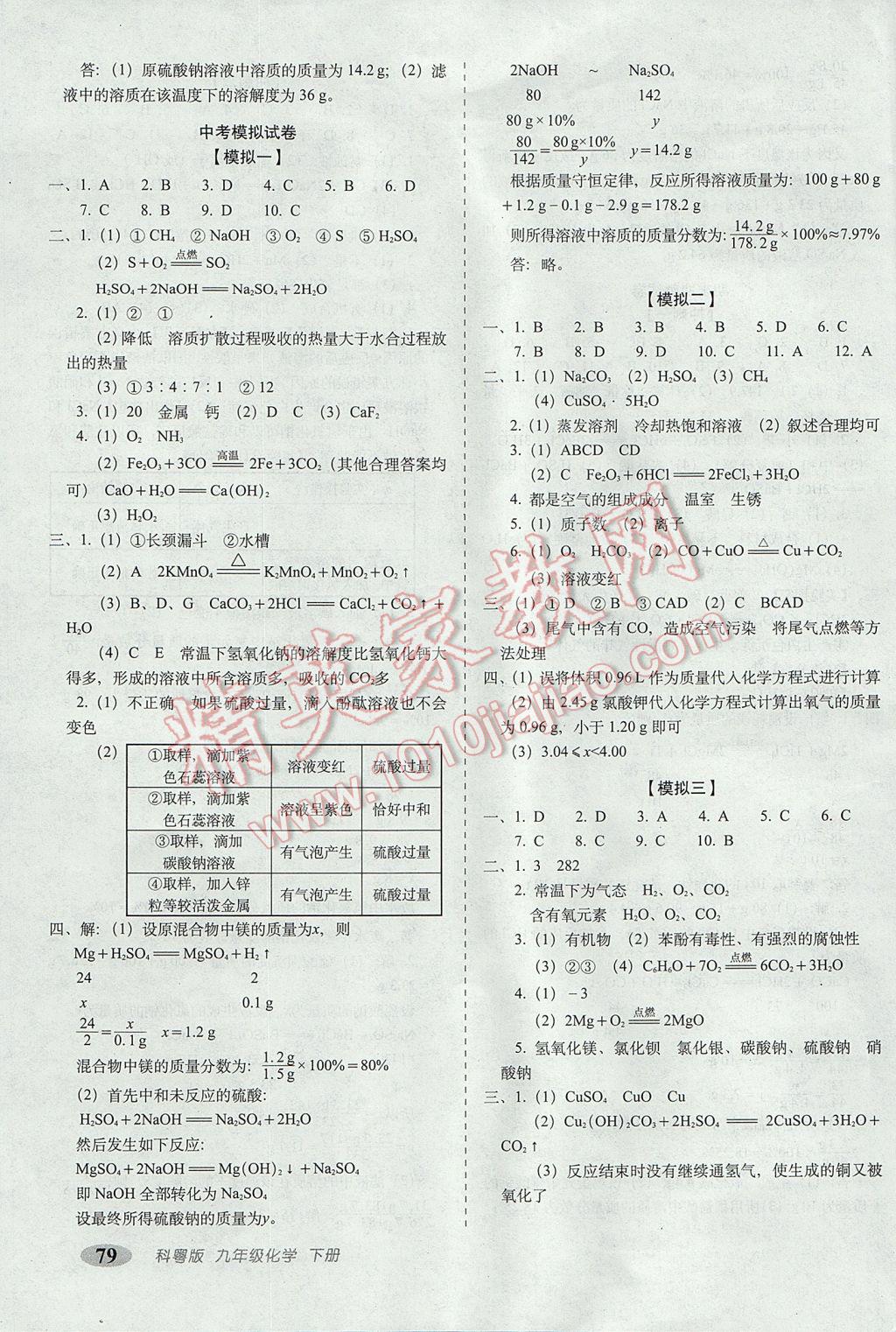 2017年聚能闯关期末复习冲刺卷九年级化学下册科粤版 参考答案第7页