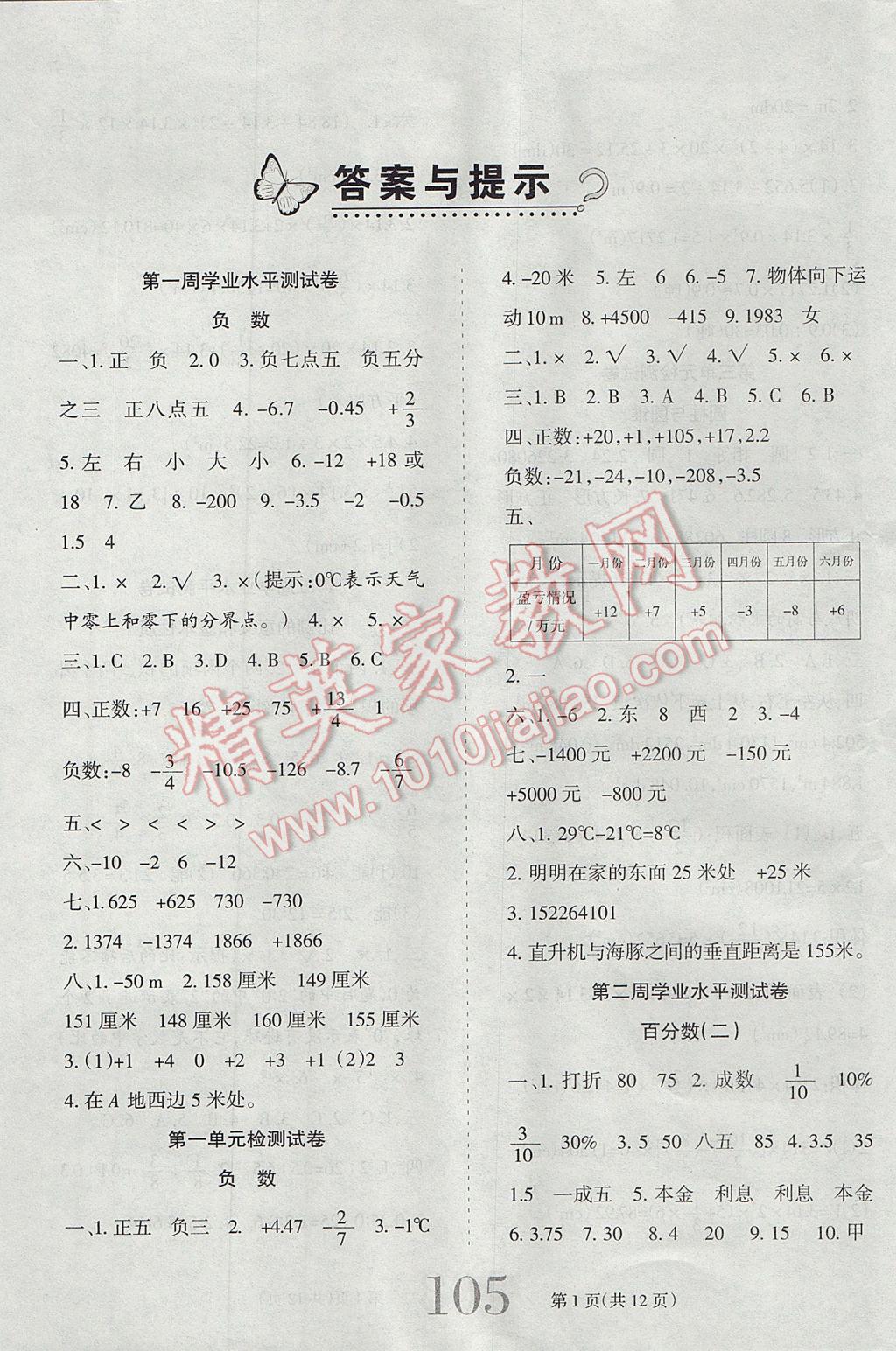 2017年小博士期末闯关100分六年级数学下册人教版 参考答案第1页