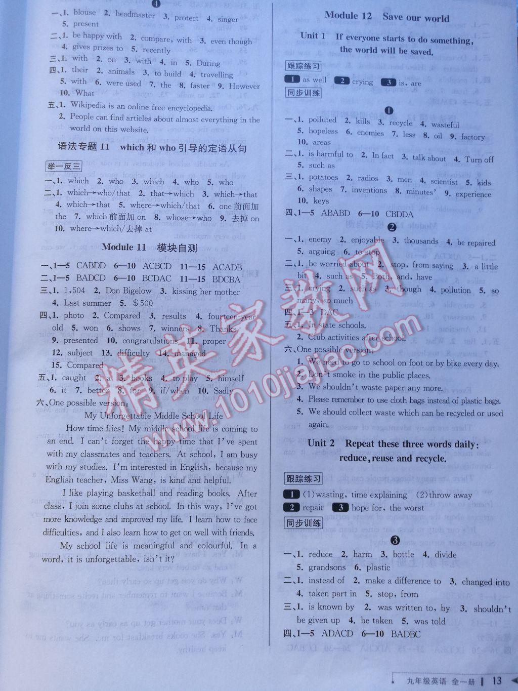 2017年教與學(xué)課程同步講練九年級英語全一冊外研版 參考答案第12頁