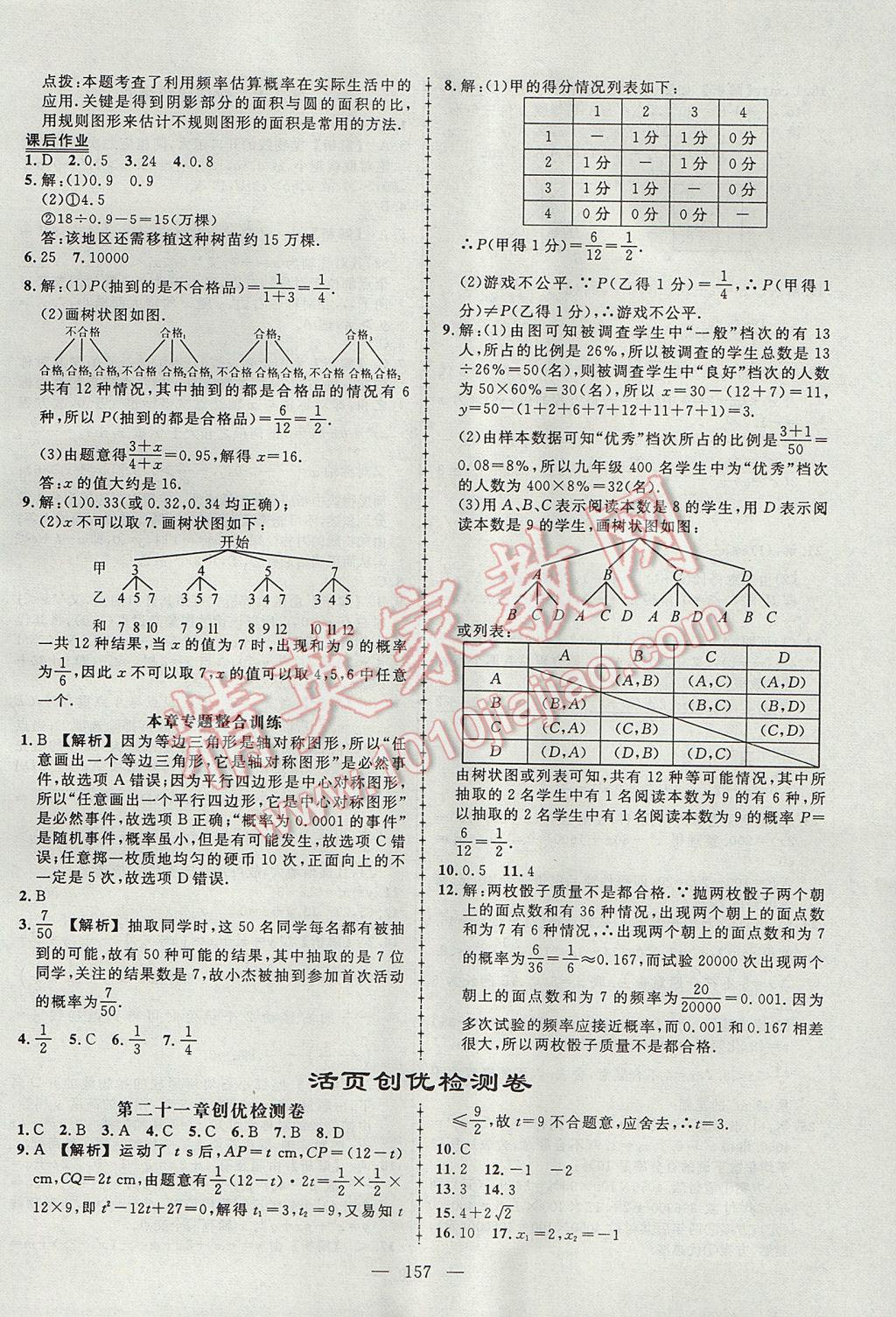 2017年黄冈创优作业导学练九年级数学上册人教版 参考答案第30页