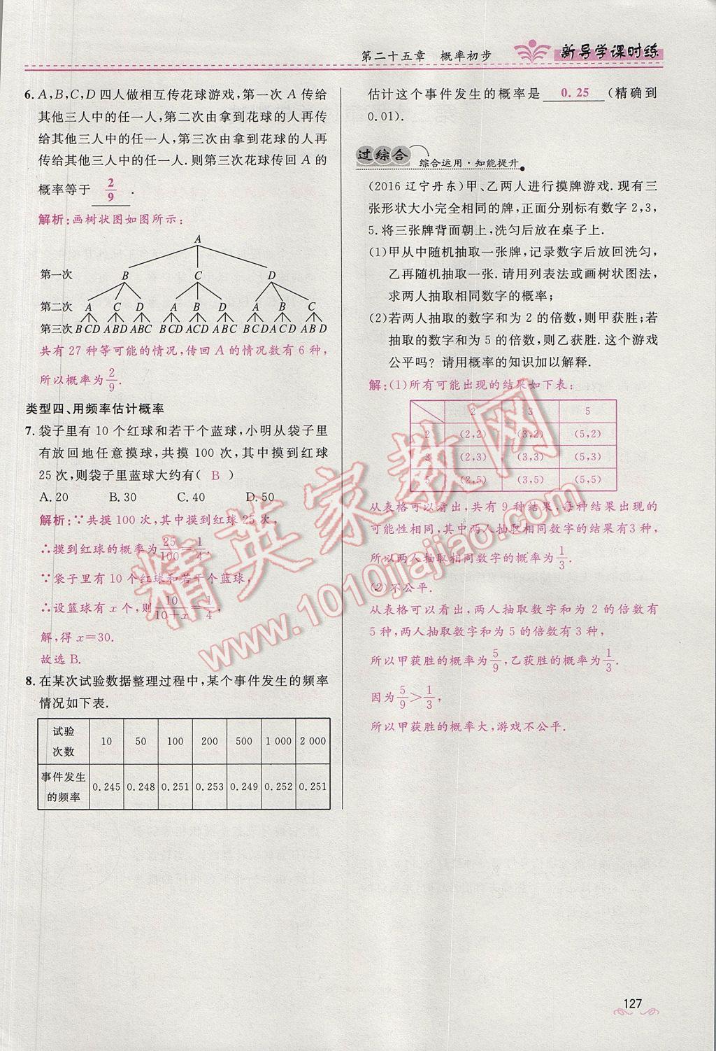 2017年夺冠百分百新导学课时练九年级数学上册人教版 第二十五章 概率初步第122页