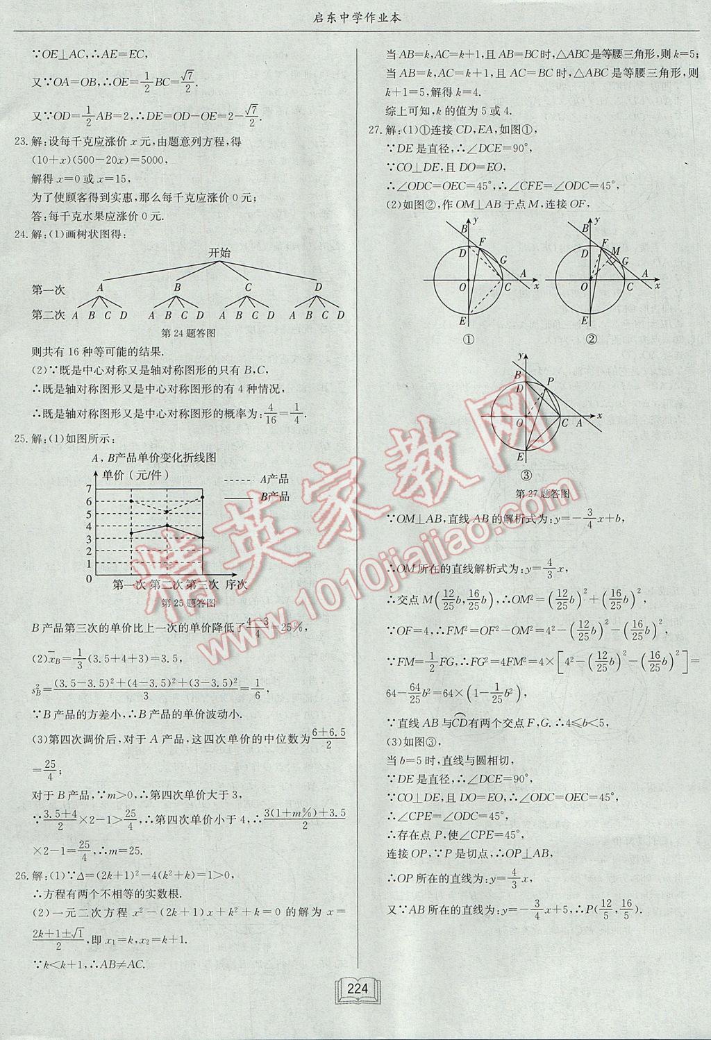 2017年啟東中學作業(yè)本九年級數(shù)學上冊江蘇版 參考答案第60頁