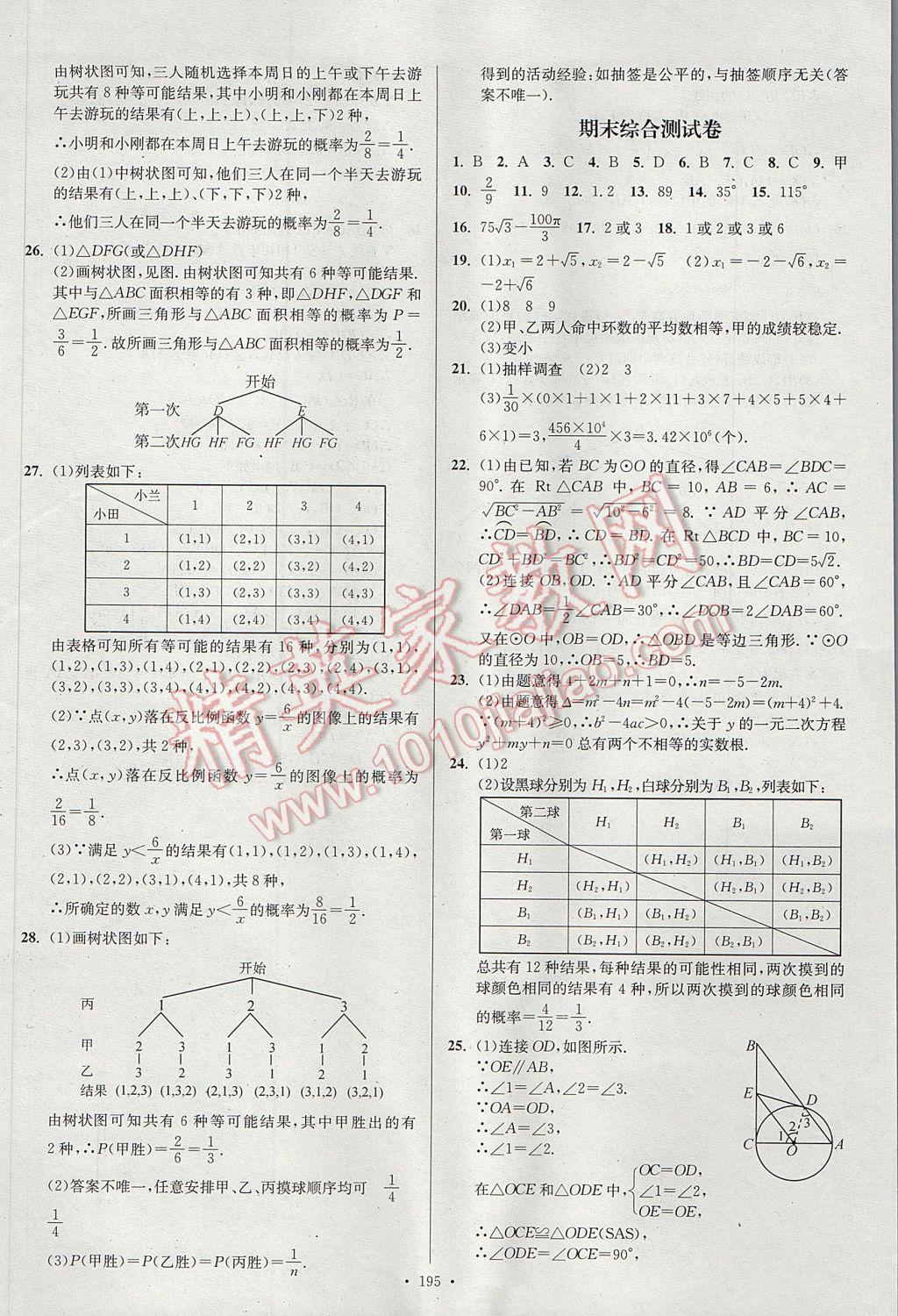 2017年南通小題課時作業(yè)本九年級數學上冊江蘇版 參考答案第31頁