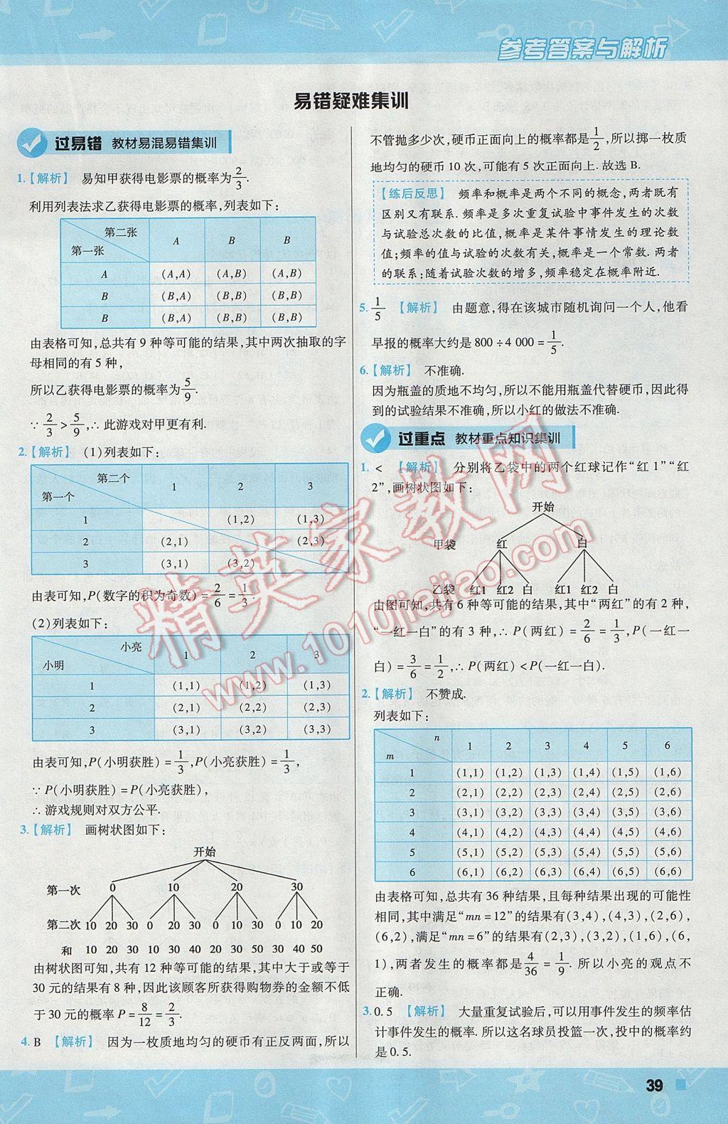 2017年一遍過初中數(shù)學九年級上冊北師大版 參考答案第39頁