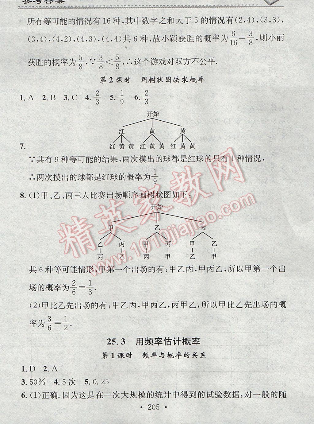 2017年名校课堂小练习九年级数学全一册人教版 参考答案第21页