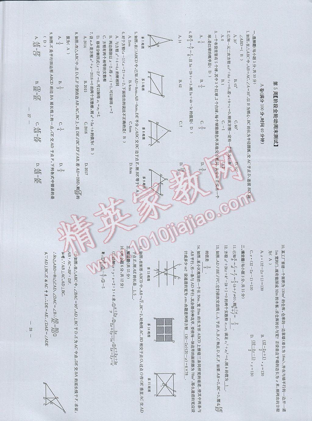 2017年初中數(shù)學(xué)每周過手最佳方案九年級全一冊 參考答案第52頁