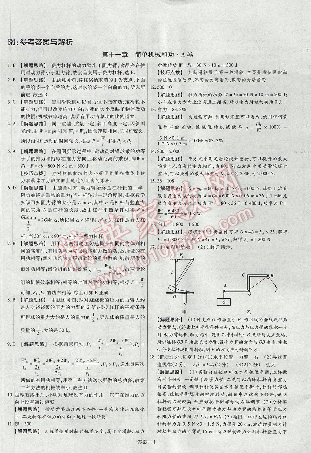 2017年金考卷活頁題選九年級(jí)物理全一冊(cè)蘇科版 參考答案第1頁