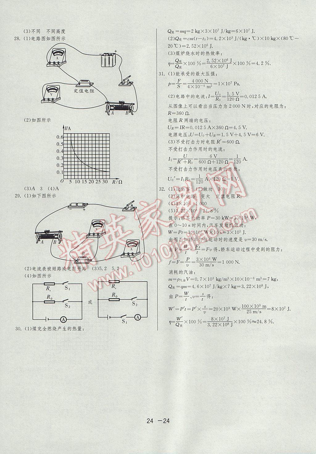 2017年1课3练单元达标测试九年级物理上册苏科版 参考答案第24页