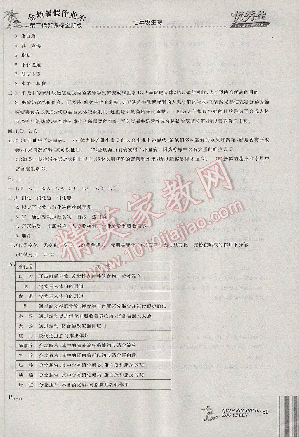 2017年优秀生快乐假期每一天全新暑假作业本七年级生物 参考答案第2页