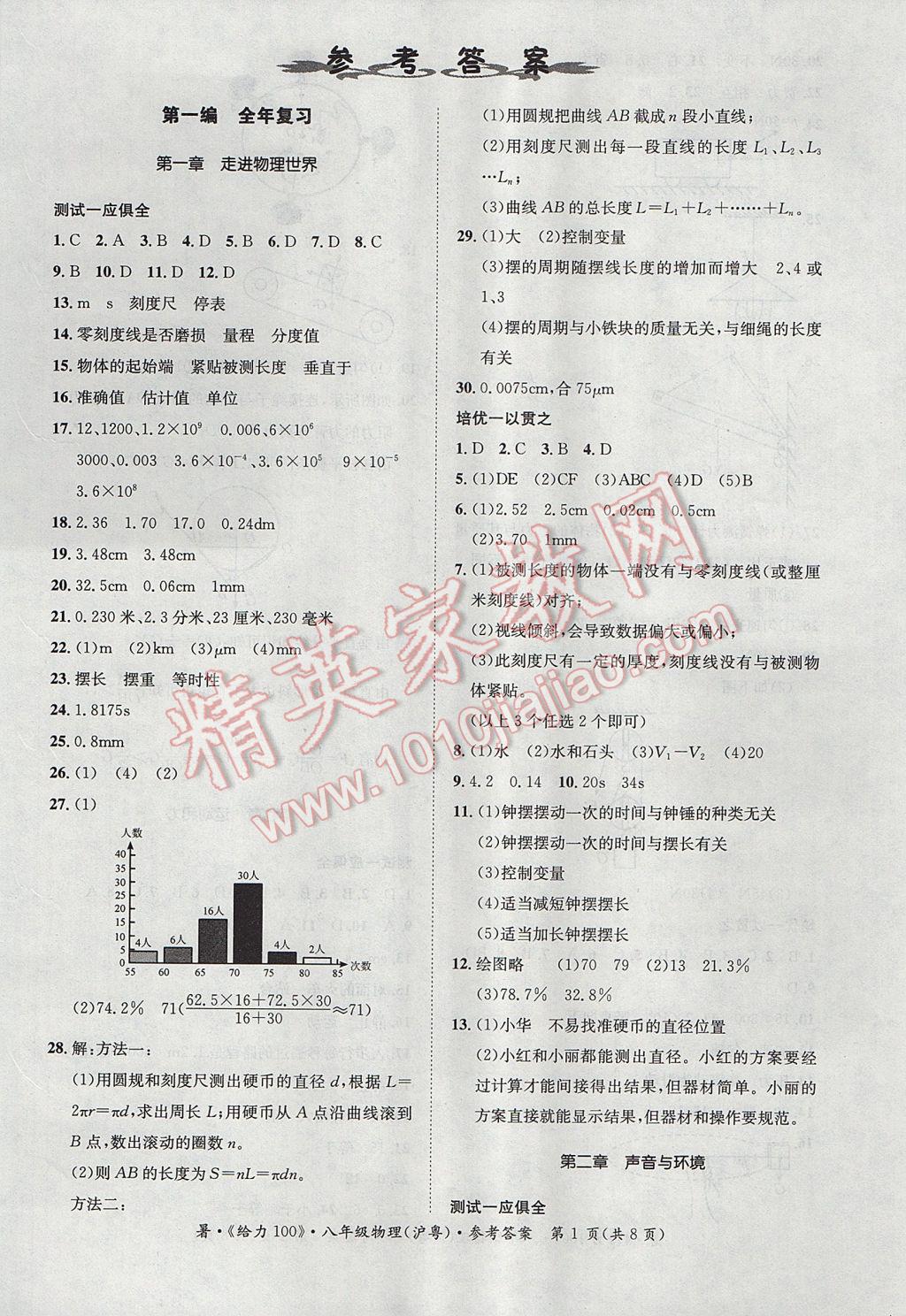 2017年新浪书业学年总复习给力100暑八年级物理沪粤版 参考答案第1页