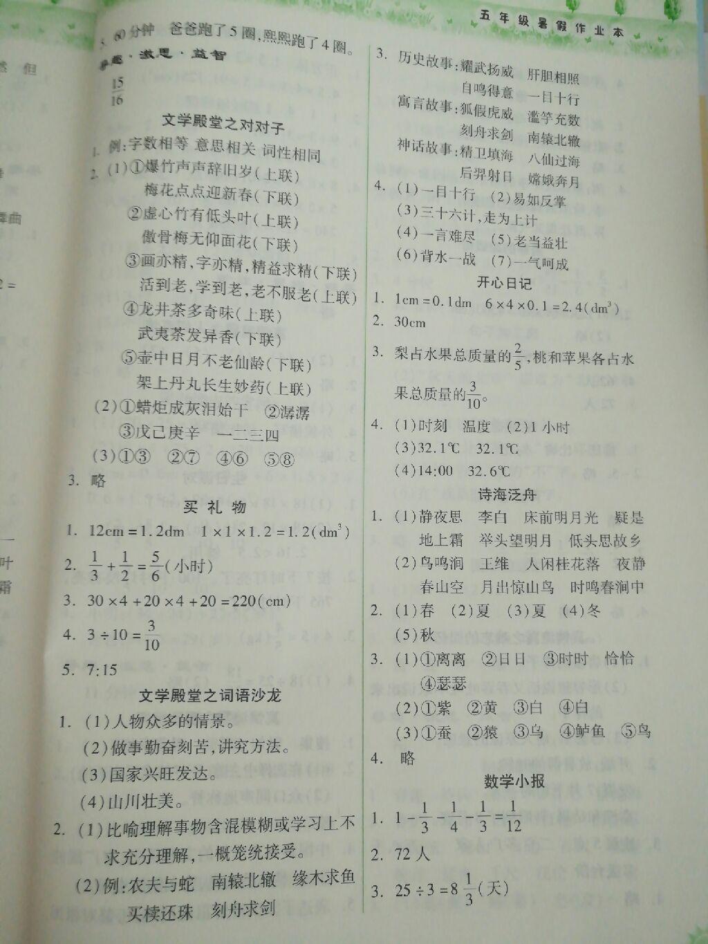 2017年暑假作业本五年级语文数学人教版希望出版社 参考答案第3页